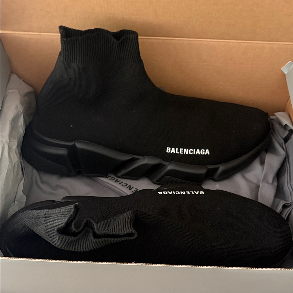 Balenciaga Black Knit Sock Sneakers with White Logo
